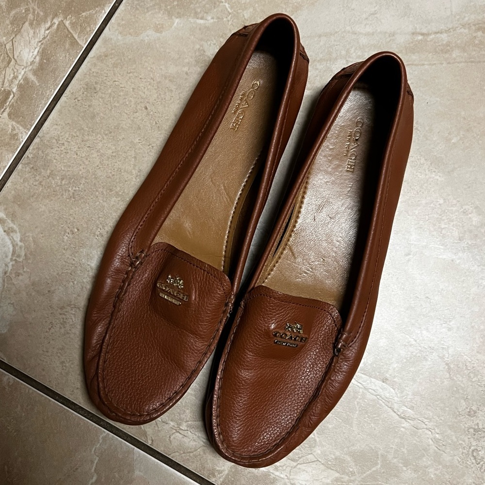Brown leather coach loafers